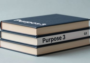 A high-quality photo of a stack of books with clean, professional covers, including one with 'Purpose' clearly visible, set against a light grey-blue background.