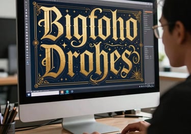 A professional graphic designer in a creative studio working on an intricate book cover design. High-end computer monitor displaying gold and dark navy typography. Southeast Asian / Indonesian context.