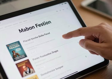 An elegant close-up of a high-resolution tablet screen displaying a digital book catalog with clean typography. A person's hand is visible scrolling. Southeast Asian / Indonesian professional office setting.