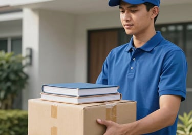 A professional courier delivering a neatly wrapped package of books in a clean, modern Southeast Asian / Indonesian residential area. The focus is on the quality of service and the product.