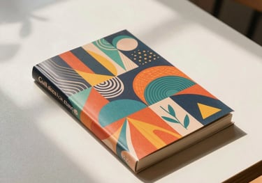 Photography of a vibrant novel cover featuring modern artistic patterns, lying on a minimalist off-white table in a Southeast Asian / Indonesian cafe. Soft morning sunlight creates gentle shadows.