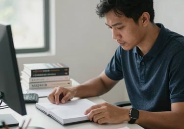 A professional Indonesian editor working on a book manuscript in a light-filled, minimalist office. Several published books are visible on the desk. High-quality photography with soft focus.