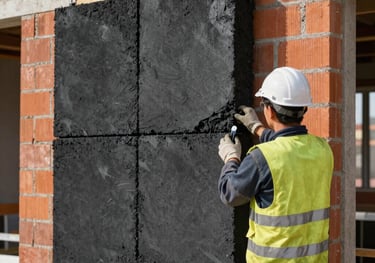 A worker wearing safety gear installing high-performance anthracite insulation panels on a brick wall. Central European construction site, daytime lighting, sharp focus on materials.