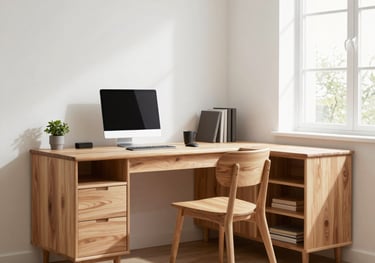 A redesigned home office area with sustainable wooden furniture, white walls, and a large window providing plenty of natural light. Modern and professional atmosphere.
