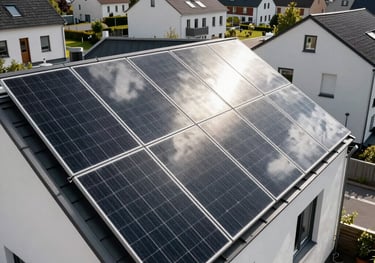 A residential rooftop with modern black solar panels reflecting a bright white sky. The surrounding environment shows a clean, modern German neighborhood.