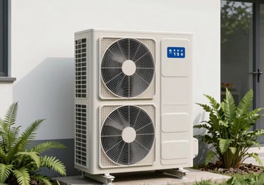 A modern outdoor air-to-water heat pump unit placed in a clean, landscaped garden area next to a white house wall. Fresh green plants around it.
