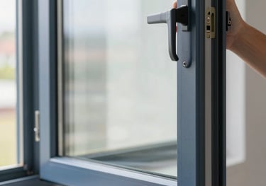 Close-up of a high-tech triple-glazed window being professionally installed. The frame is a modern dark blue. Bright, natural lighting, clean work environment.