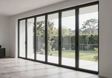 Interior view of a modern living room with large energy-efficient glass doors, light gray flooring, and white walls. The style is minimalist and elegant. Central European / German interior.