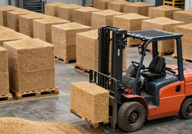 A photograph of a large, organized warehouse where pallets of grain are being moved by a forklift. The setting is clean, orderly, and highly professional, emphasizing operational strength.