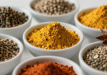 A close-up photograph of assorted organic spices and seeds arranged artistically in bowls. The colors are vibrant and natural, highlighting the premium quality of agricultural exports in a bright, clean setting.