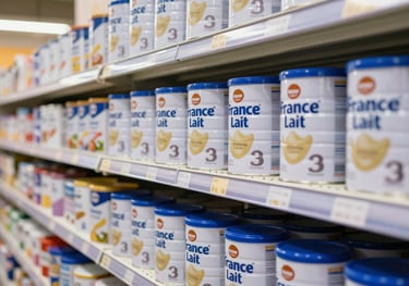 A brightly lit supermarket shelf featuring neatly arranged cans of France Lait milk powder. The branding is clear, and the environment is clean and modern, showcasing successful market integration.
