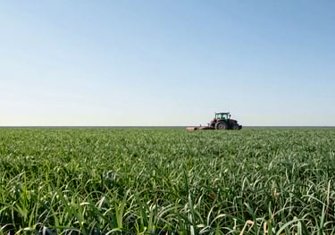 A wide field of lush green crops under a bright, clear sky. A modern tractor is visible in the distance, representing efficient and large-scale agricultural production for export.