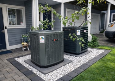 Two outdoor condensers and stone gravel installed by Northshore HVAC Services 