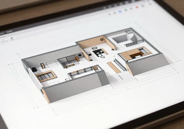 Detailed 3D architectural plan on a professional digital drafting table, showing high-tech precision and clean design lines in #1A202C and #C4A05B.