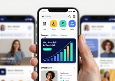 A high-end smartphone displaying a vibrant social media marketing dashboard with growth metrics and professional graphic design.