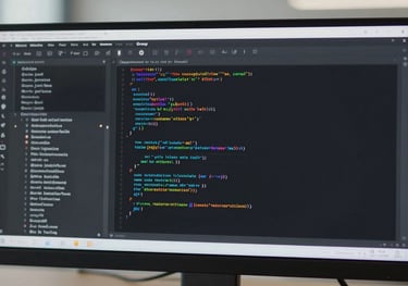 A sleek computer monitor displaying lines of code and high-end software UI, representing Morya Group's cutting-edge IT and software solutions.