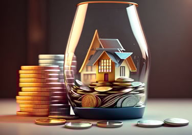 a glass jar with coins and a house in the background. FHSA, First Home Savings Account
