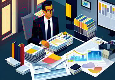 a man in a suit and tie is sitting at a desk with filing taxes for TWC Financial clients