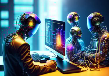 a man in a suit and a robot suit sitting at a computer technology services TWC Financial