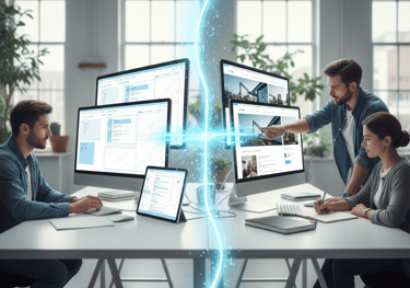 UX designers collaborating on website wireframes and UI layouts in a modern office with digital energy effects.