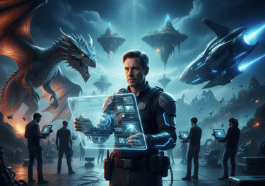 A futuristic commander uses a holographic interface beside a dragon and spaceship in a sci-fi fantasy world.
