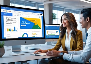 Mujer y hombre trabajando juntos en una oficina moderna, observando pantallas de computadoras con análisis de Google Ads.