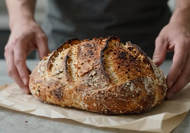 Close-up of fresh sourdough bread on a crisp parchment paper, with a baker's hands in the background in a minimalist kitchen setting.