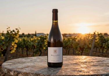A professional shot of a wine bottle on a stone table in a European / Portuguese vineyard at sunset, with a minimalist and sophisticated composition.