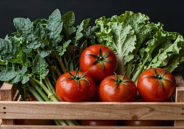 High-end photography of organic vegetables in a wooden crate, styled in a minimalist Scandinavian way with matte forest green leaves and deep ripe crimson tomatoes.
