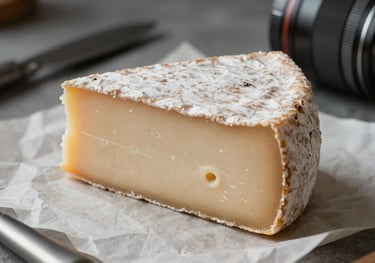 A close-up shot of artisanal cheese on a crisp parchment surface, beautifully lit to show texture, surrounded by simple dark grey kitchen tools.