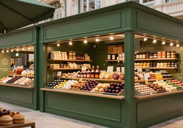 Interior of a modern European / Portuguese food market with matte forest green structures and elegant, warm lighting, showcasing artisanal products.
