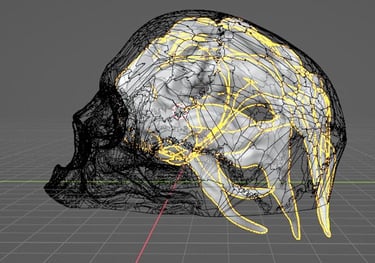 Screenshot from Blender 3d modeling program. It is a skull made of polygons with a flaming D20 in the middle. 