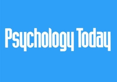 a blue and white logo with the words psychology today
