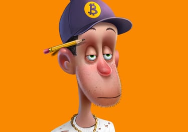 a cartoonish looking man with a pencil and a Bitcoin Hat