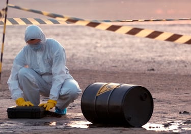 a man in a white suit and yellow gloves cleaning up a chemical spill in a barren area