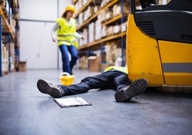 a man laying on the floor in a warehouse with a woman coming to his aid