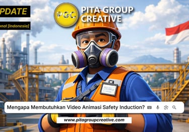 Animated industrial worker wearing safety gear in front of a factory for a safety induction video blog.