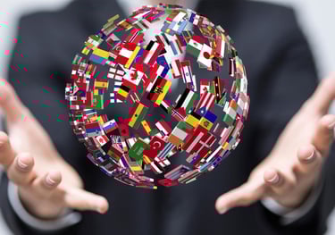 a person holding a ball with flags on it