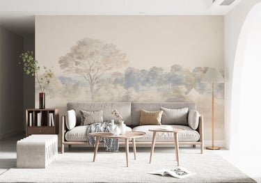 Modern living room with a landscape wall mural, grey sofa, and minimalist wooden coffee tables.