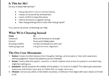 "Unlearning Circles | Register Here." It discusses recognizing feelings like guilt when resting, avo
