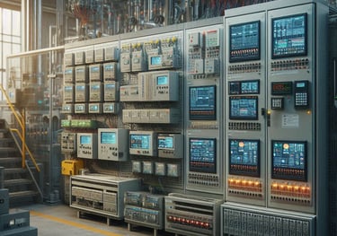 Lógicas de controle em controladores programáveis (CLPs) e interfaces operacionais (IHMs).