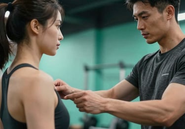 Close up of a professional fitness coach adjusting a client's form. Modern gym setting with #0A0A0A and #4A8C67 color palette. Sharp focus and dramatic lighting.