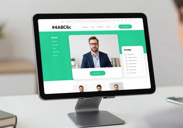 Clean, professional online training setup. A tablet on a tripod showing a live coach interface with sleek #4A8C67 UI elements.