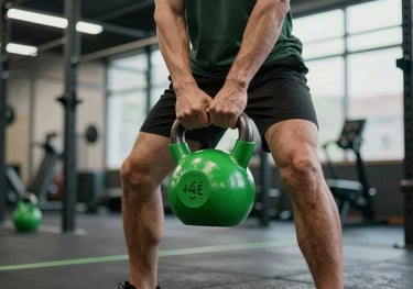 Dynamic shot of a person doing a kettlebell swing in a high-tech gym. Focus on power and motion, with #4A8C67 green highlights on the equipment.