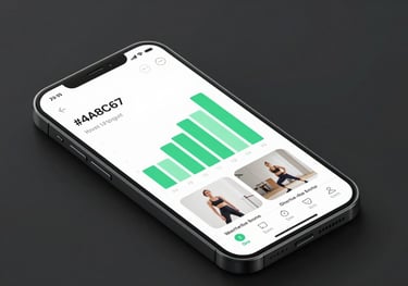 A sleek phone mockup displaying a workout interface with green graphs (#4A8C67) and high-quality exercise videos against a dark minimalist background.