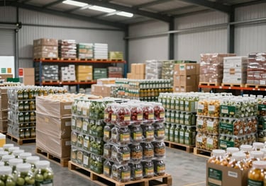 A modern warehouse interior showing organized rows of agricultural products ready for distribution, featuring clean lines and a professional, trustworthy atmosphere.