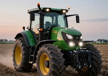 A professional photo of a modern green tractor working in a field at dusk, with its headlights illuminating the path, symbolizing the blend of traditional farming and modern tech.