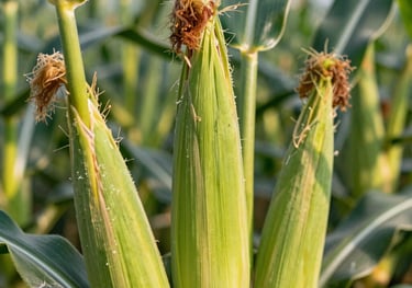 A close-up shot of vibrant, healthy green corn husks in a sunlit field, showcasing the vitality and high quality of sustainable crop production in the North American region.