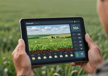 A high-tech digital interface displayed on a tablet held by a farmer in a sage green field, showing soil moisture data and weather patterns in a North American landscape.