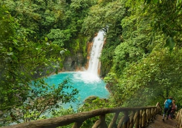 a person walking up a wooden walkway with a waterfall in the background